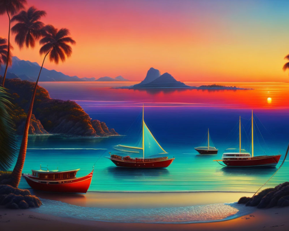 Tranquil sunset scene: tropical beach, sailboats, palm trees, mountains