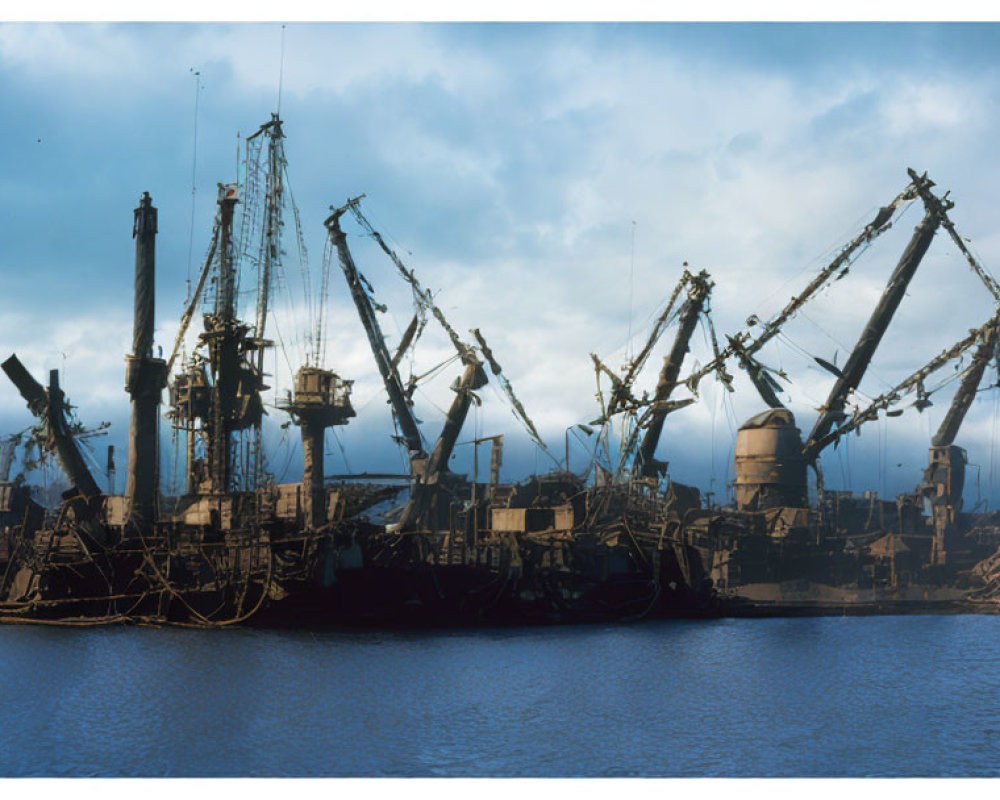 Multiple large cranes on ship under blue sky reflected in calm water