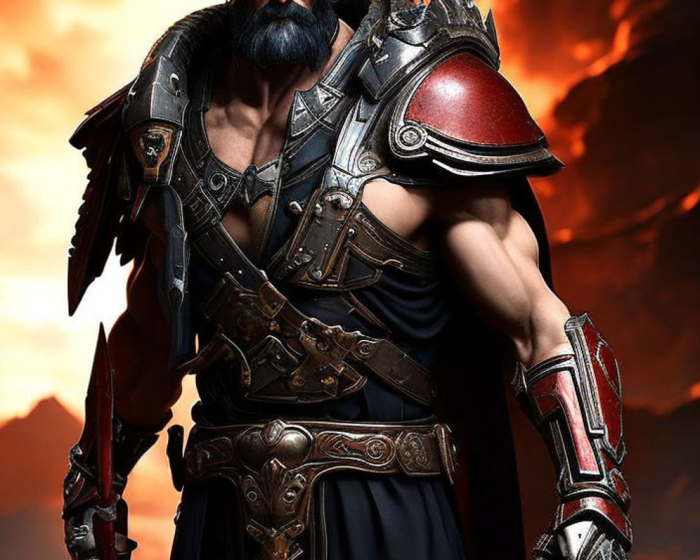 Digital artwork of bearded warrior in armor with weapon in fiery sky.