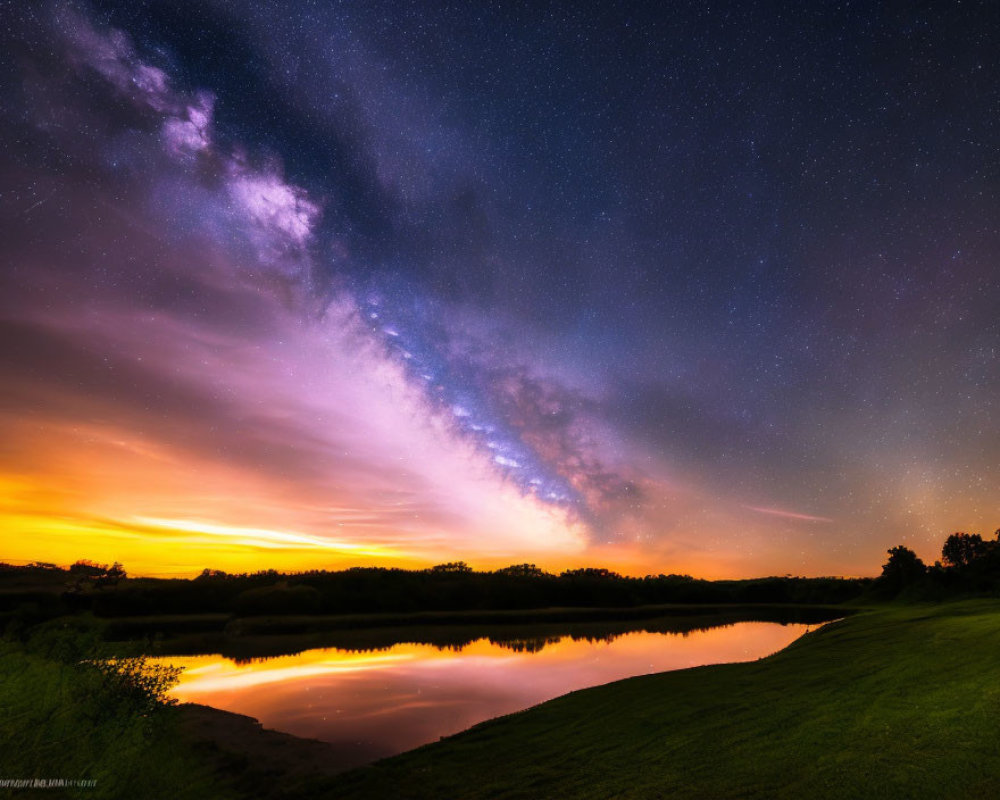 Tranquil night sky over reflective lake at sunset transition