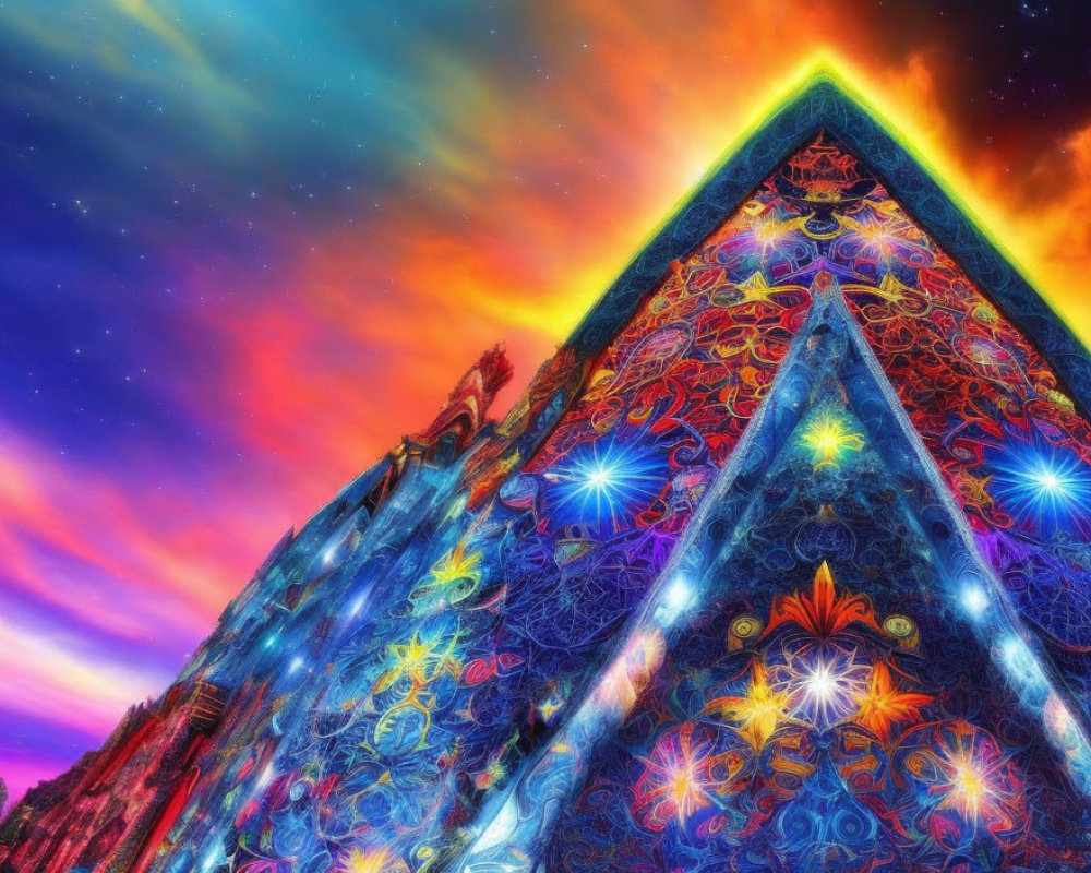 Colorful digital artwork: Pyramid structure under starry sky