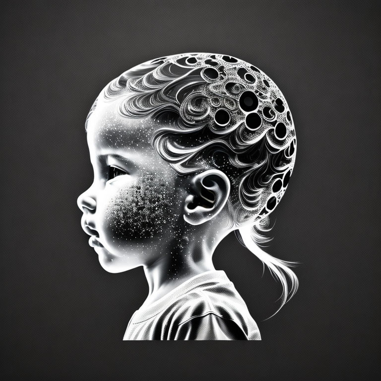 Child's side profile with intricate fractal brain pattern on dark background