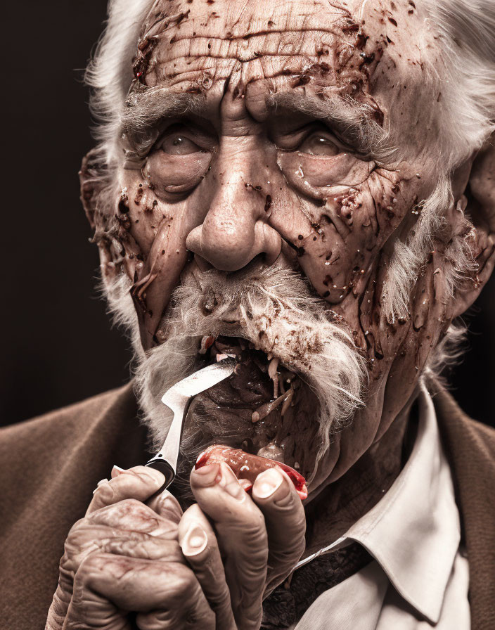 Elderly man with chocolate-smeared face holding cherry fork