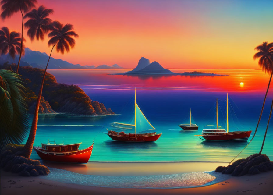 Tranquil sunset scene: tropical beach, sailboats, palm trees, mountains