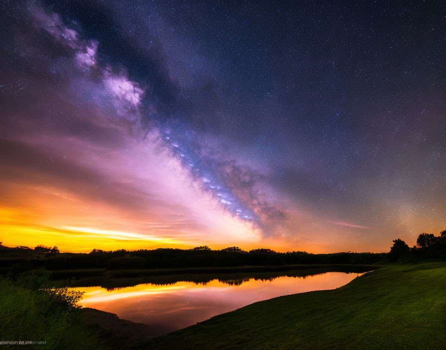 Tranquil night sky over reflective lake at sunset transition