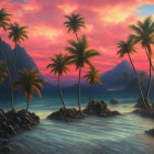 Tranquil sunset scene: tropical beach, sailboats, palm trees, mountains