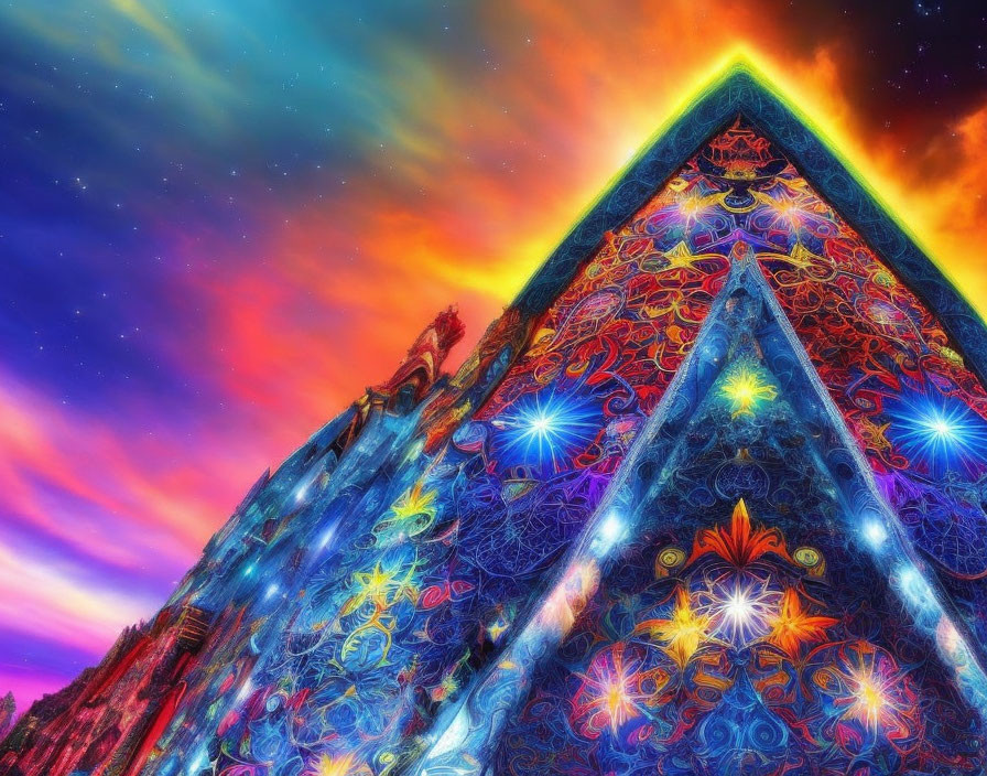 Colorful digital artwork: Pyramid structure under starry sky