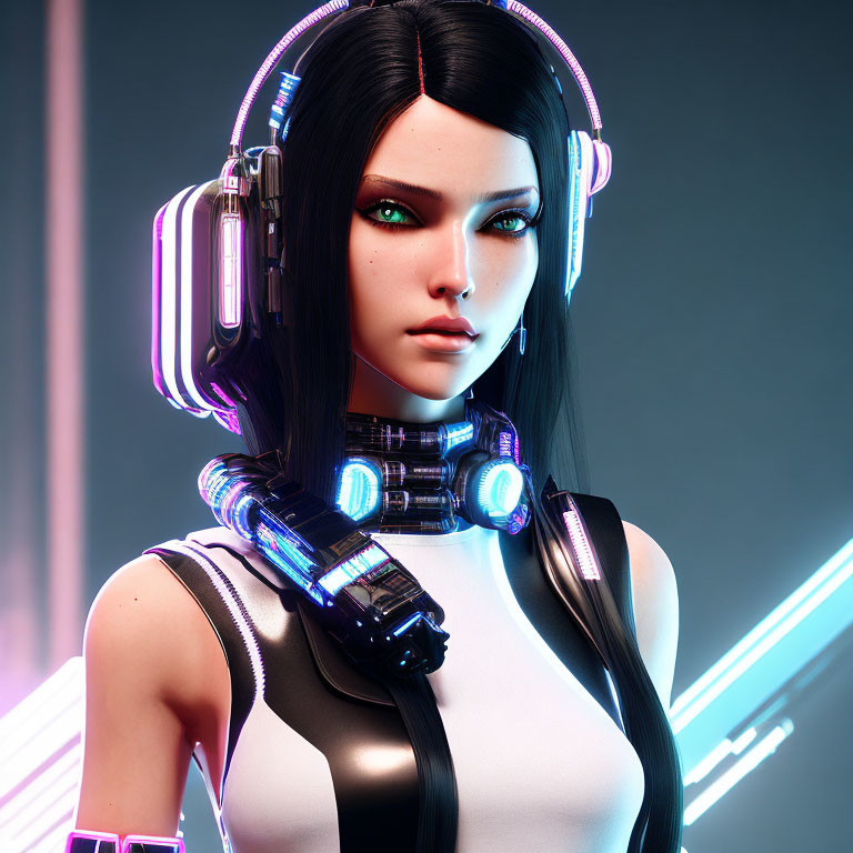 Futuristic female character with cybernetic enhancements and headphones on neon-lit background