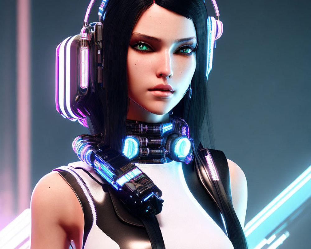 Futuristic female character with cybernetic enhancements and headphones on neon-lit background