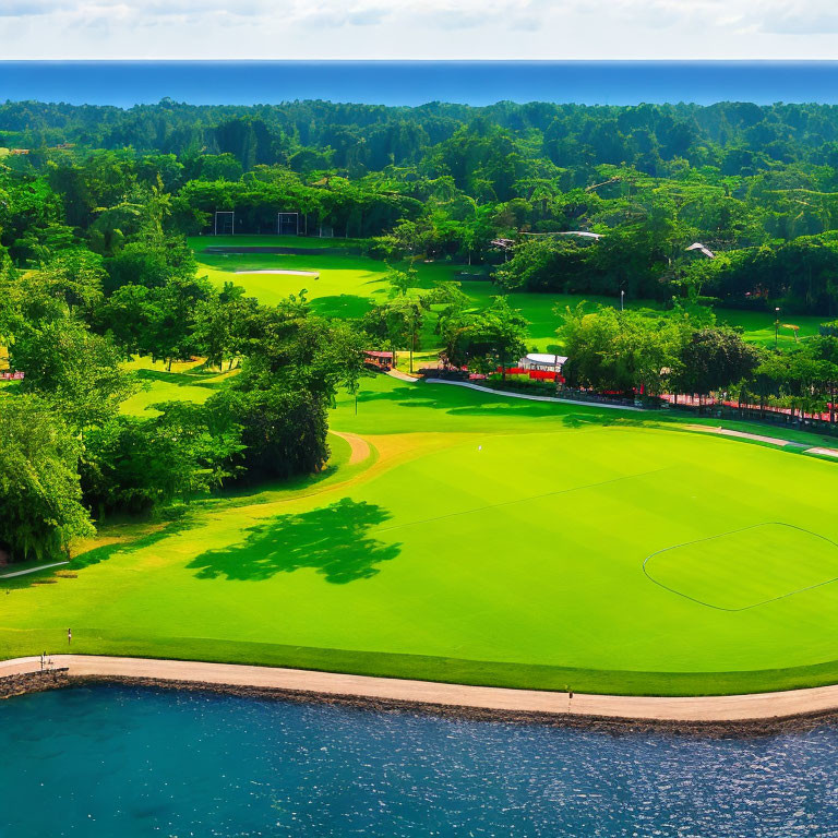 Lush Green Golf Course by Water with Trees and Blue Skies