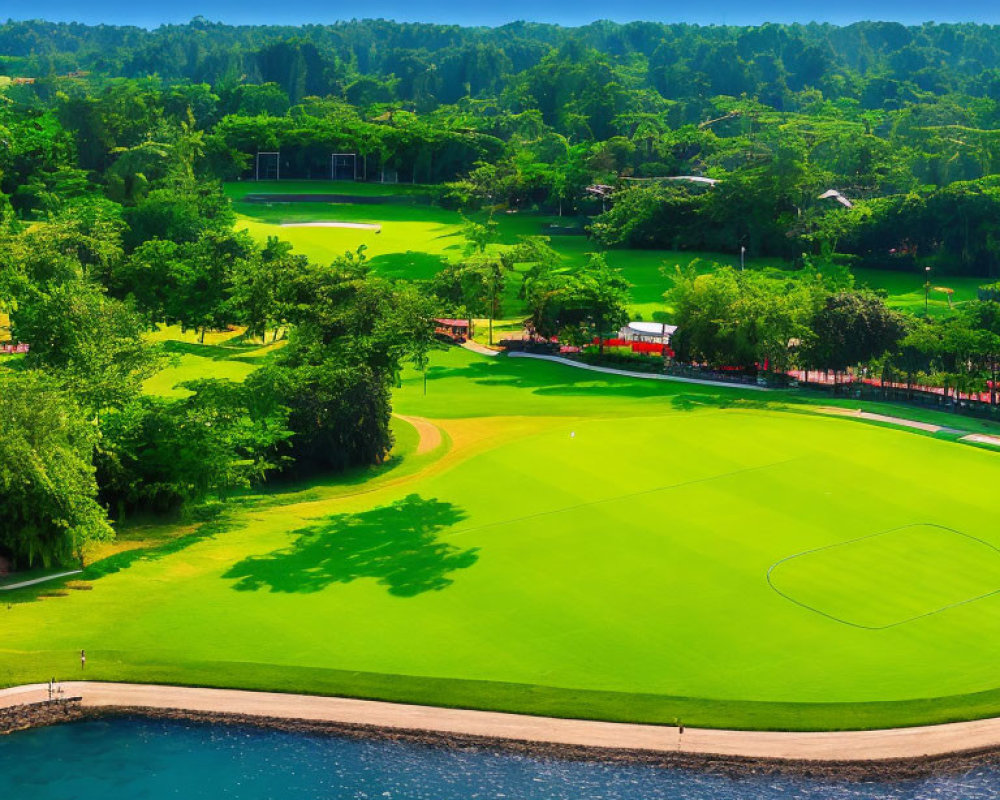 Lush Green Golf Course by Water with Trees and Blue Skies