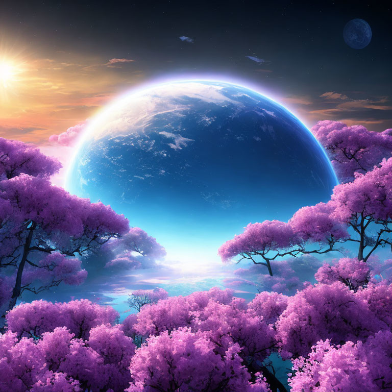 Fantastical landscape with pink cherry blossom trees under starry sky