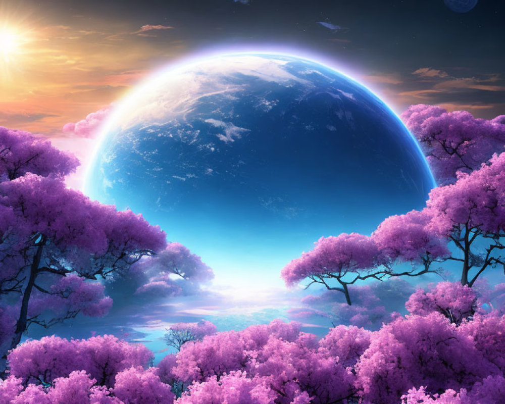 Fantastical landscape with pink cherry blossom trees under starry sky