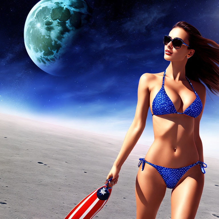 Woman in Blue Bikini with American Flag Surfboard on Moonlit Barren Landscape