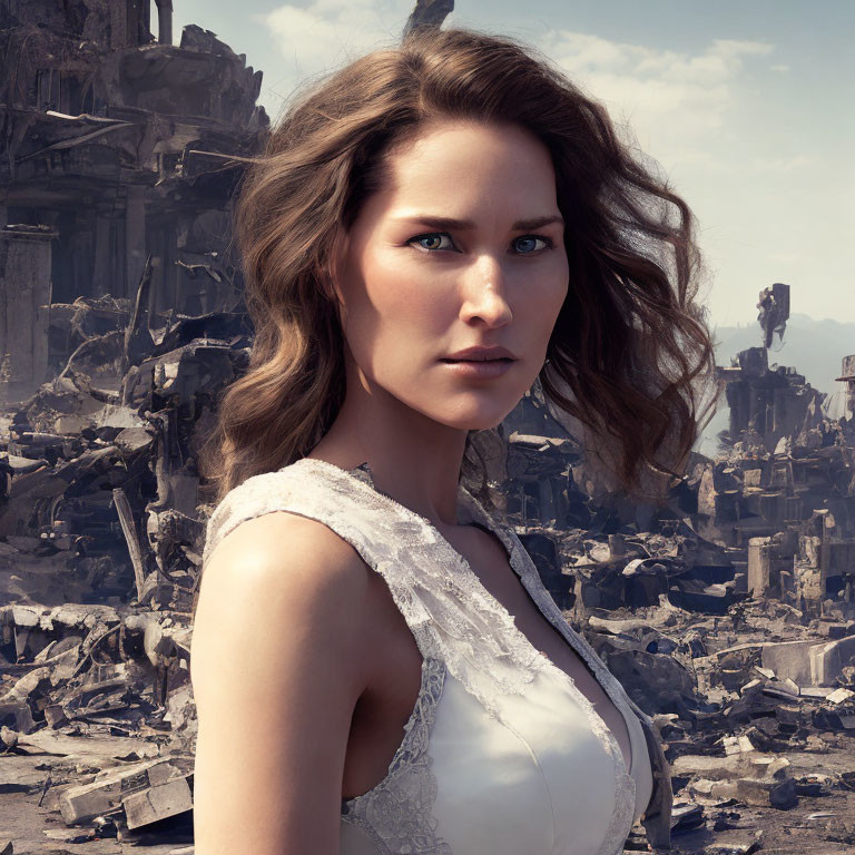 Brown-haired woman in white dress against war-torn ruins