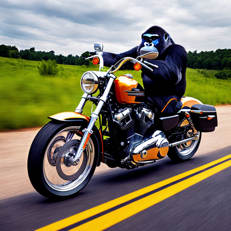 Gorilla in sunglasses on yellow motorcycle speeding down country road