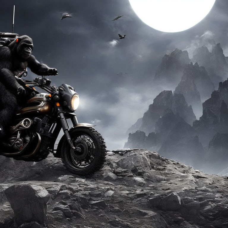 Gorilla on Motorcycle in Mountain Landscape at Night