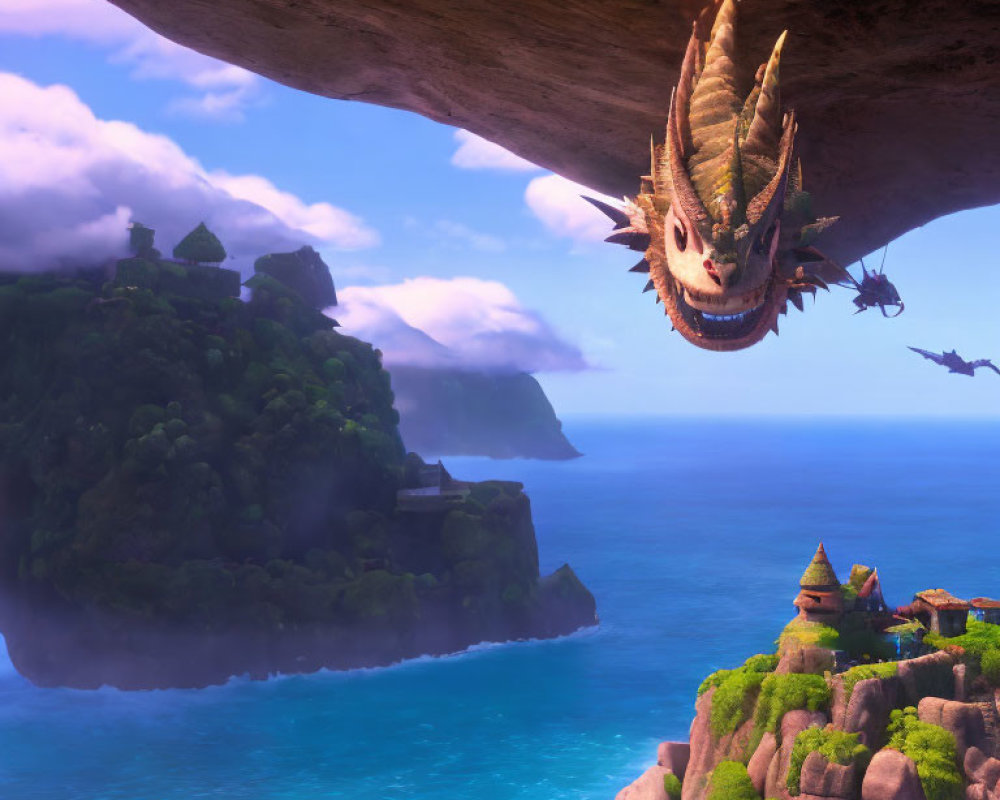 Majestic dragon emerging from rocky overhang on green island.