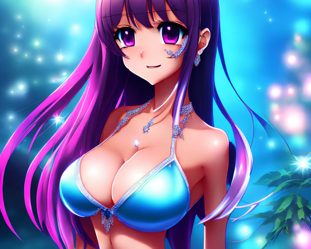 Illustrated female character with purple hair and blue bikini on starry blue background