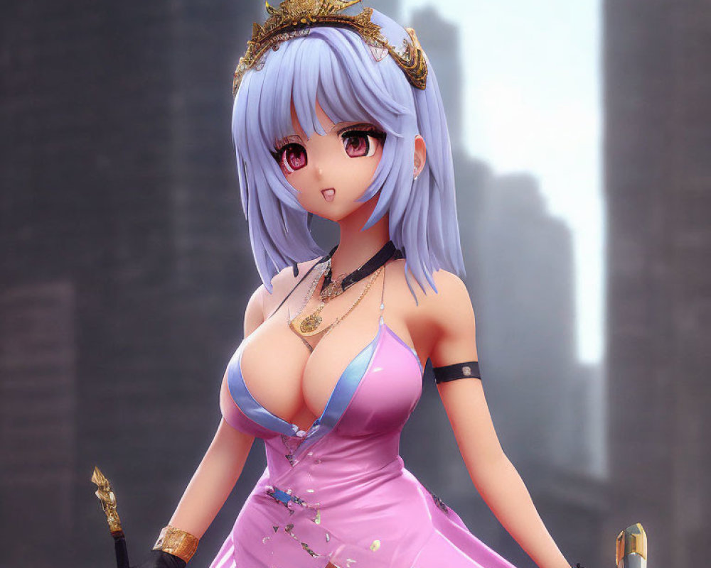 Digital artwork of female anime character with purple hair, crown, pink outfit, gold accents, holding a