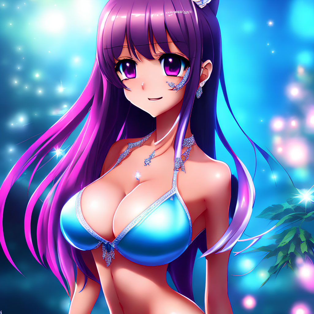 Illustrated female character with purple hair and blue bikini on starry blue background