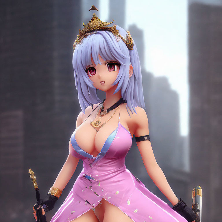 Digital artwork of female anime character with purple hair, crown, pink outfit, gold accents, holding a