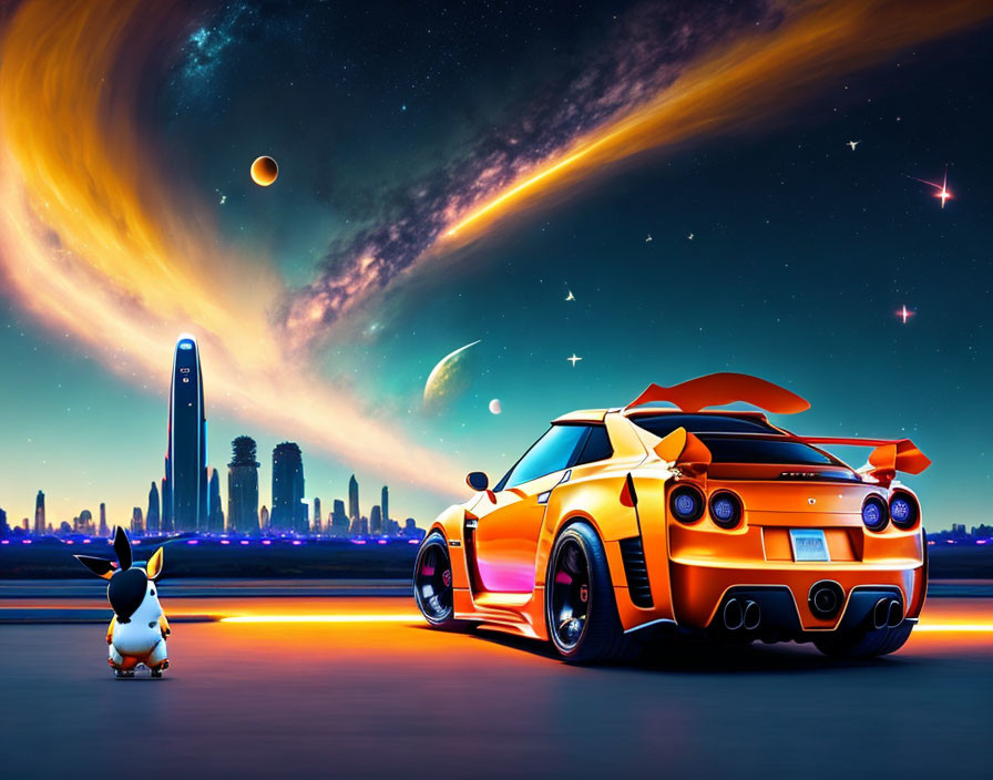 Futuristic cityscape with orange sports car and whimsical creature