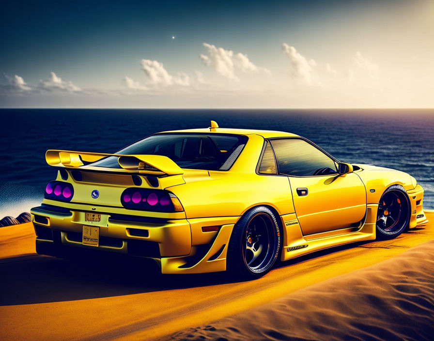 Yellow sports car with aftermarket modifications on sandy hill at sunset