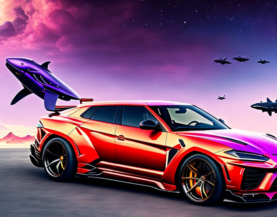 Red sports car under purple sky with flying whale and aircraft silhouettes