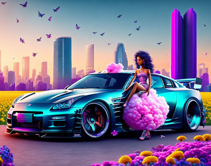 Woman on teal sports car surrounded by butterflies in futuristic cityscape