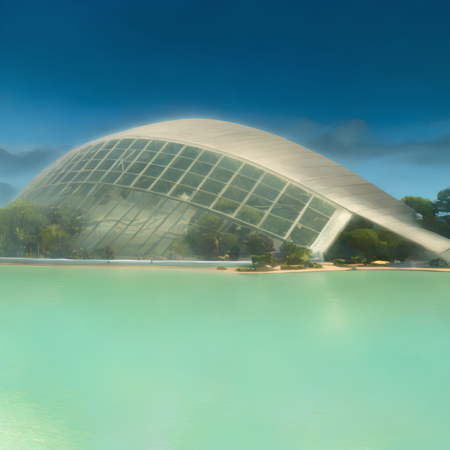 Glass dome building by tranquil turquoise water under clear blue sky