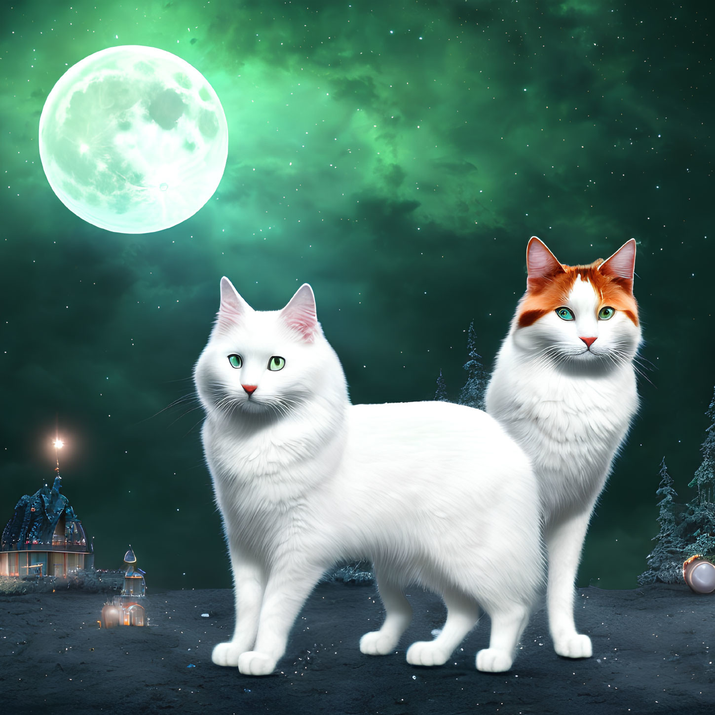 Two cats with large human-like eyes under a full moon in magical winter landscape