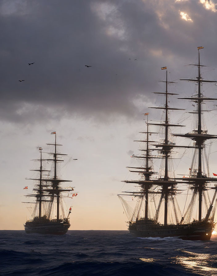 Majestic tall ships with full rigging sailing at sunset