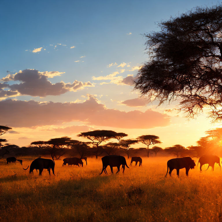 Elephants Walking Across Savanna at Sunset