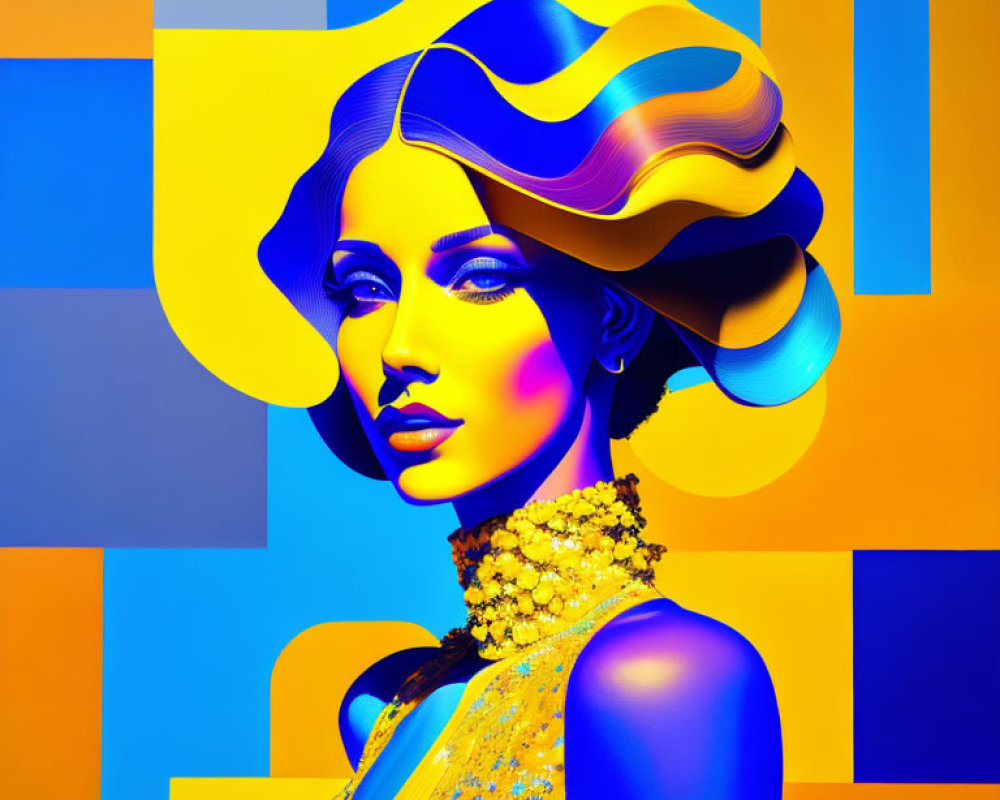 Colorful digital artwork of woman in yellow against geometric background