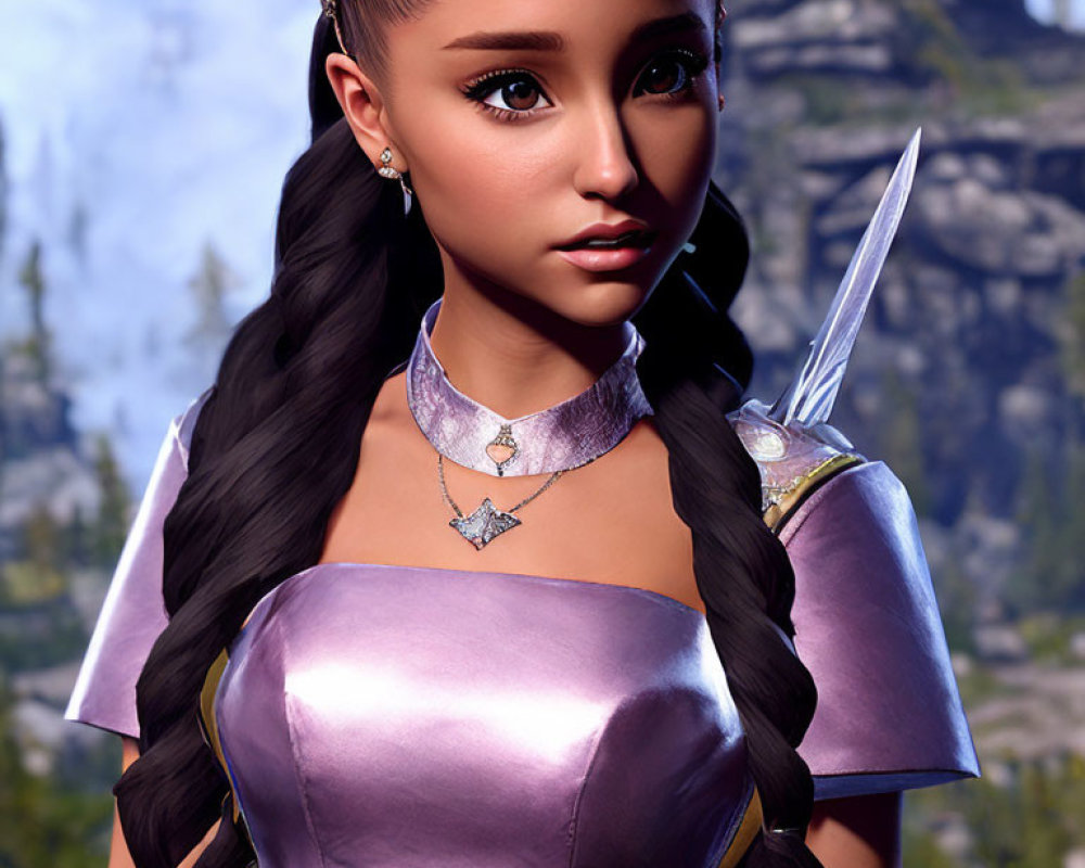 3D Rendered Female Character with Braided Hair in Purple Medieval Gown Holding Dagger