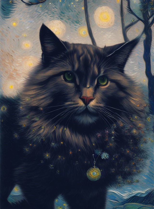 Fluffy cat with green eyes in Starry Night-inspired scene