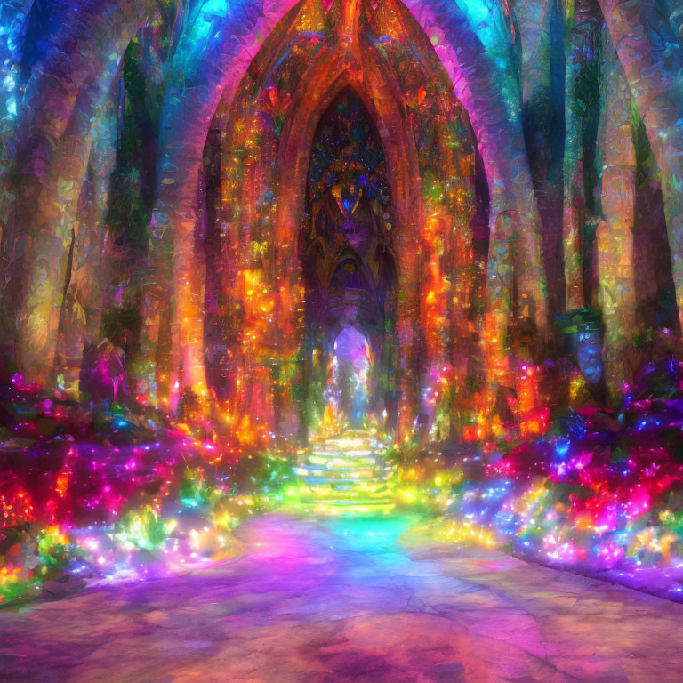 Colorful forest pathway to glowing enchanted archway