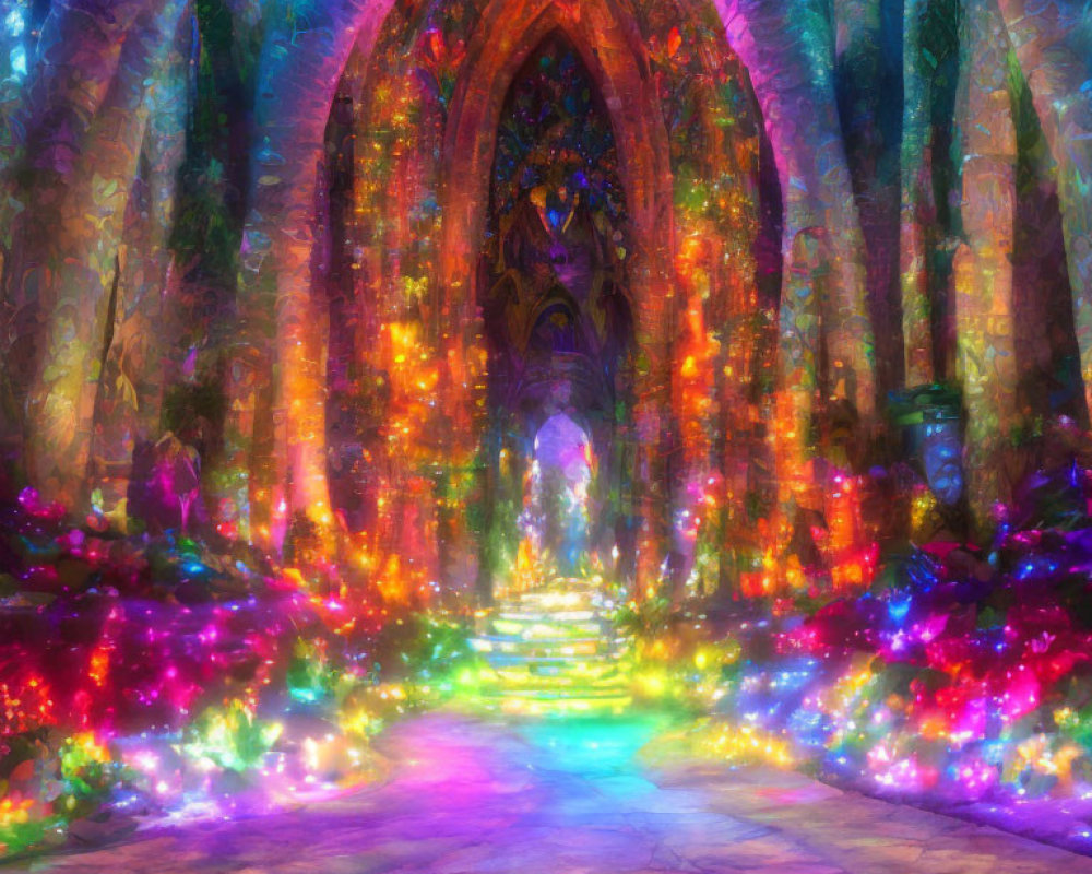 Colorful forest pathway to glowing enchanted archway