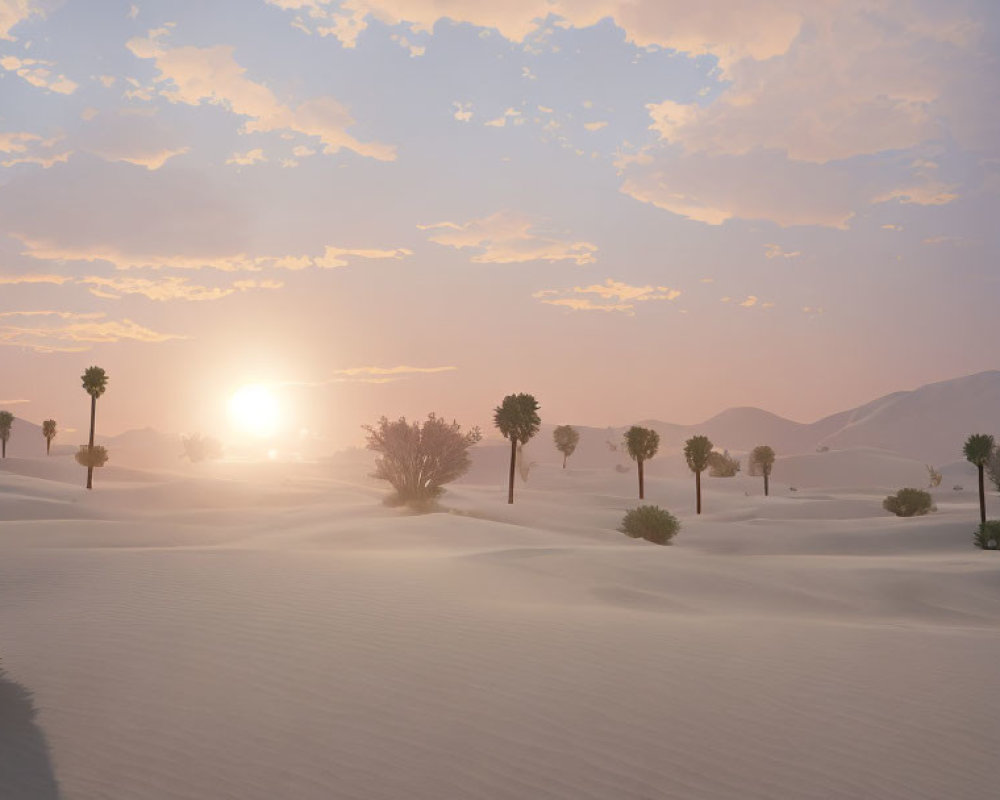 Serene desert landscape at sunset with rolling sand dunes