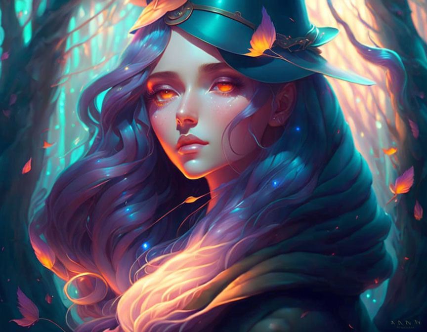 Fantasy illustration of luminous woman in magical forest