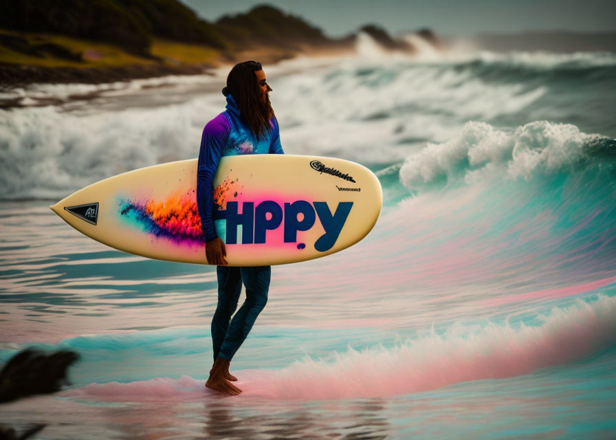 Long-haired surfer with "Hippy" surfboard on beach with waves and hazy sky