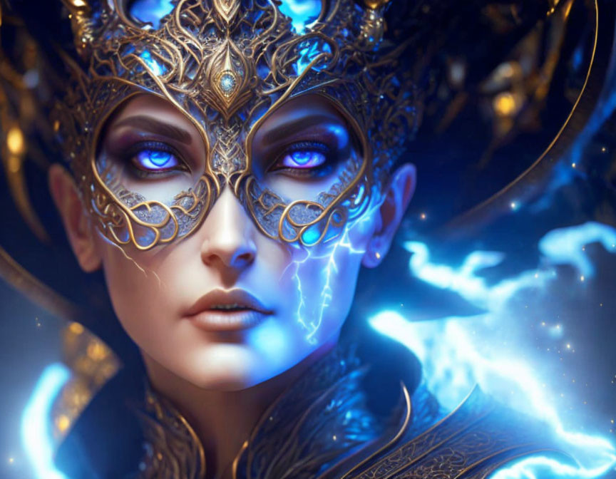 Fantasy character with blue eyes, gold headgear, and magical energy