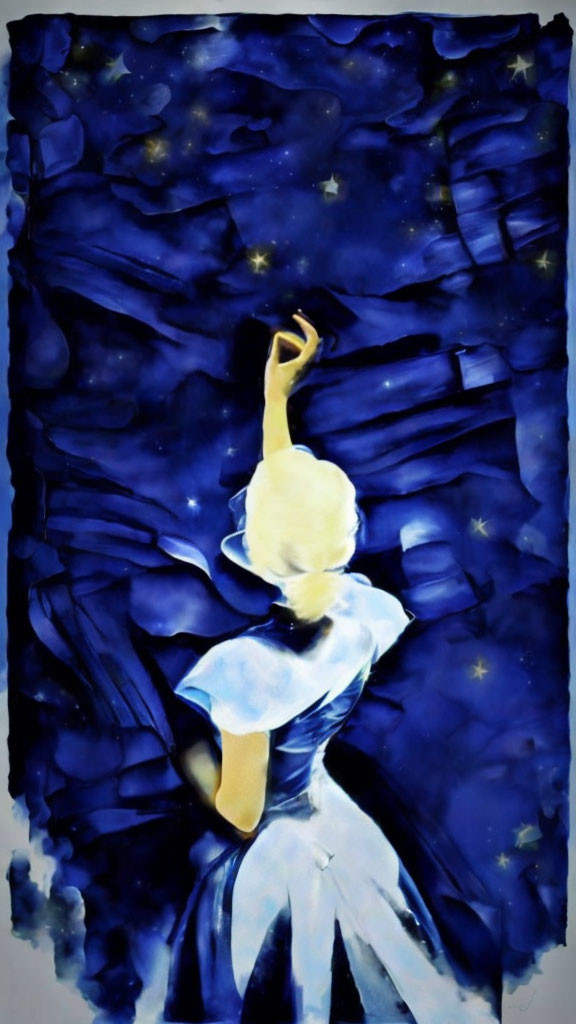 Illustration of person in blue dress reaching for stars in night sky