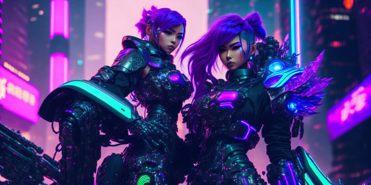 Futuristic female warriors with purple hair in neon-lit armor in cyberpunk cityscape