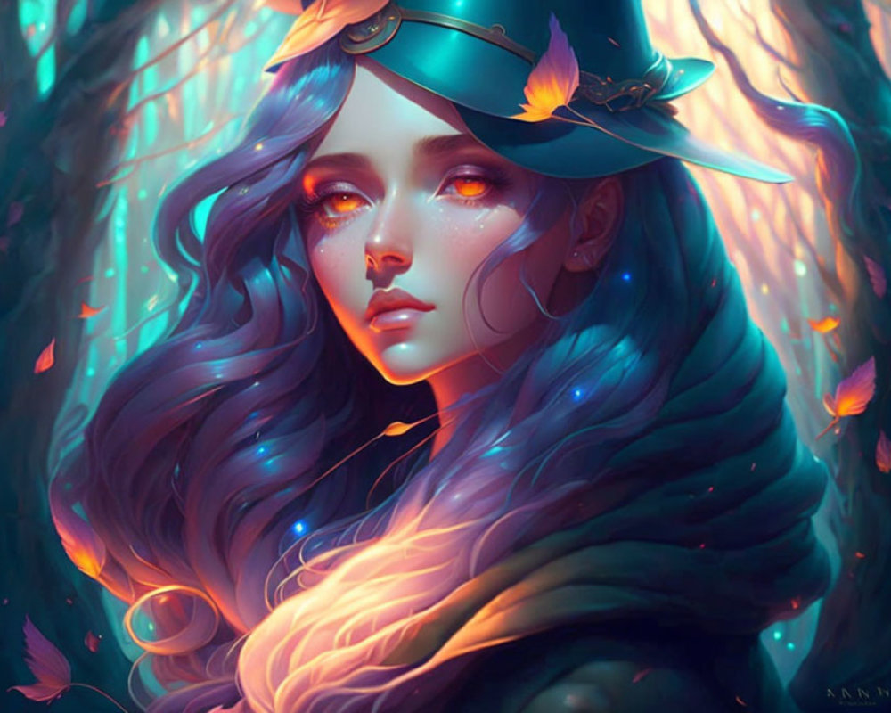 Fantasy illustration of luminous woman in magical forest