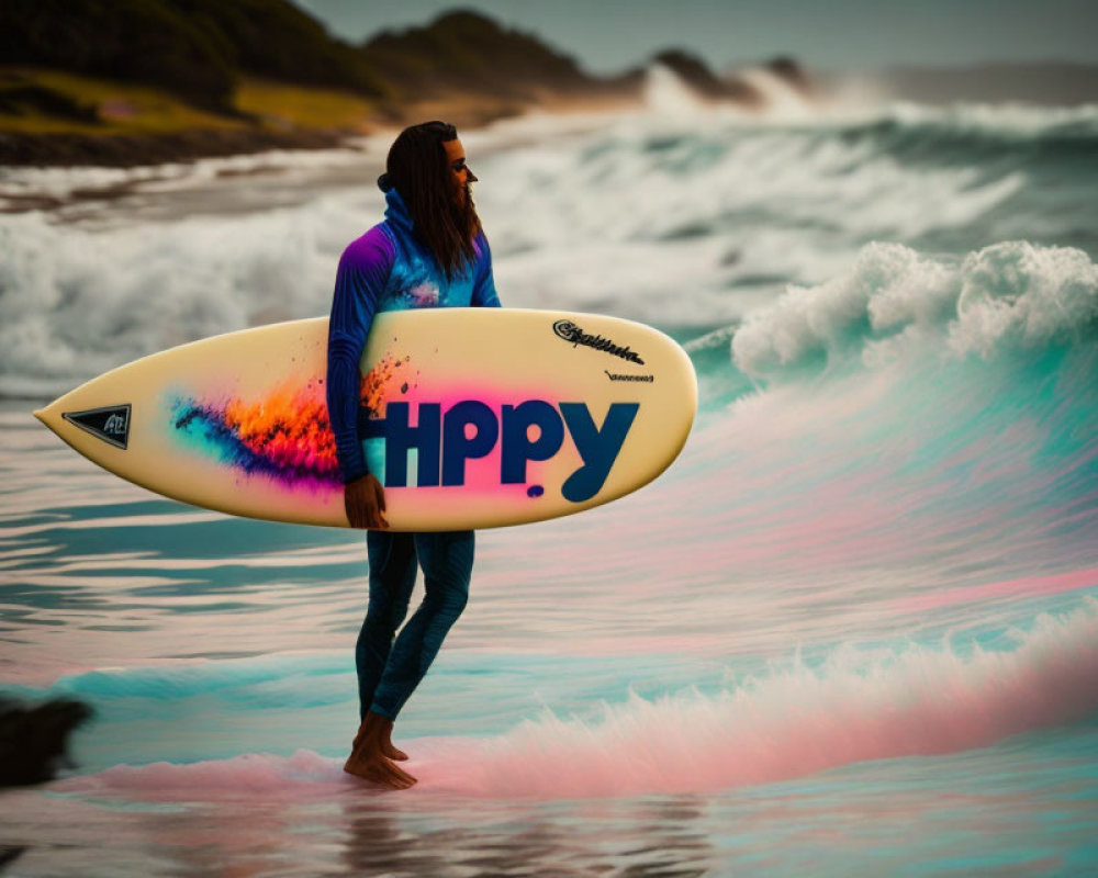 Long-haired surfer with "Hippy" surfboard on beach with waves and hazy sky