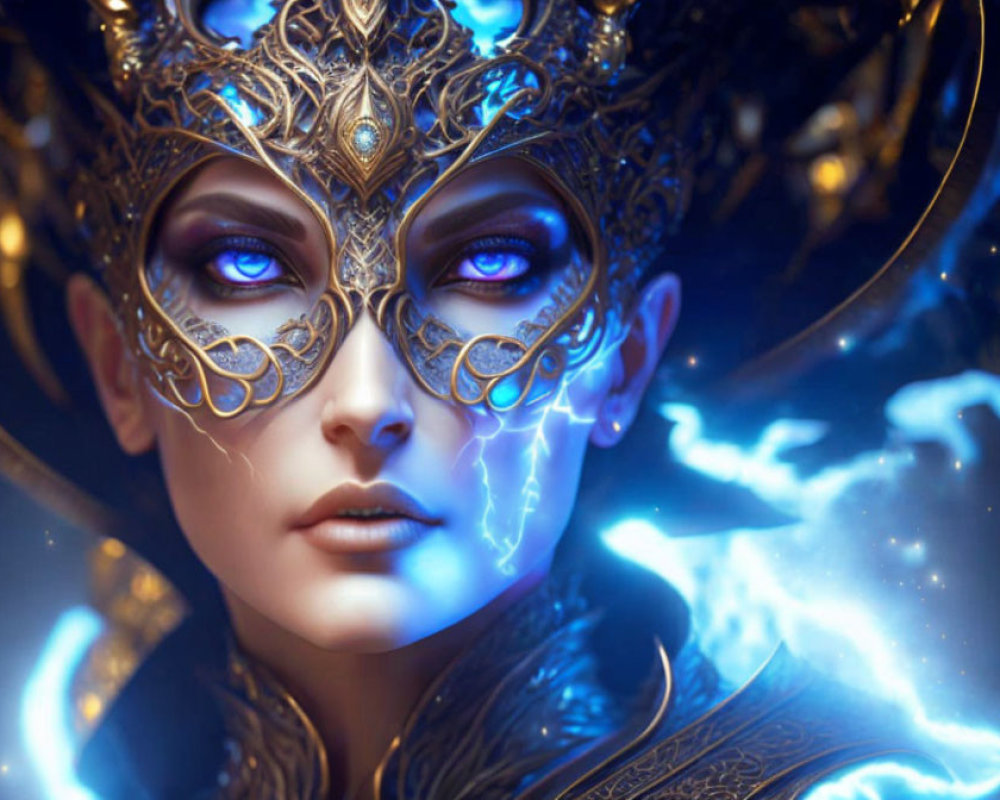 Fantasy character with blue eyes, gold headgear, and magical energy