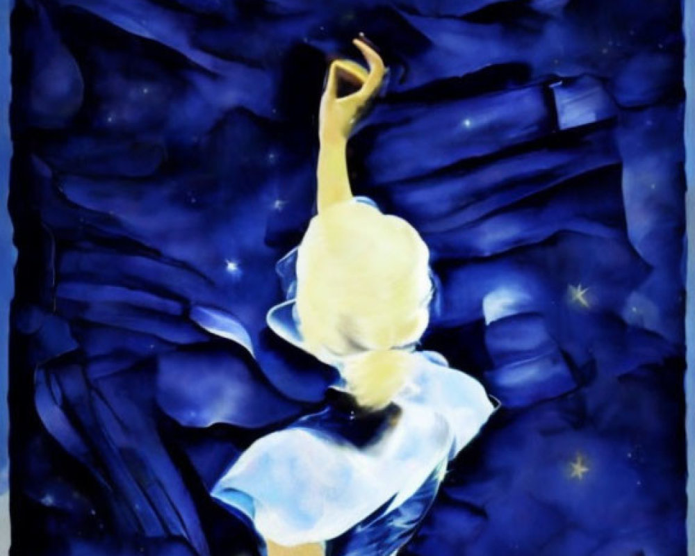 Illustration of person in blue dress reaching for stars in night sky