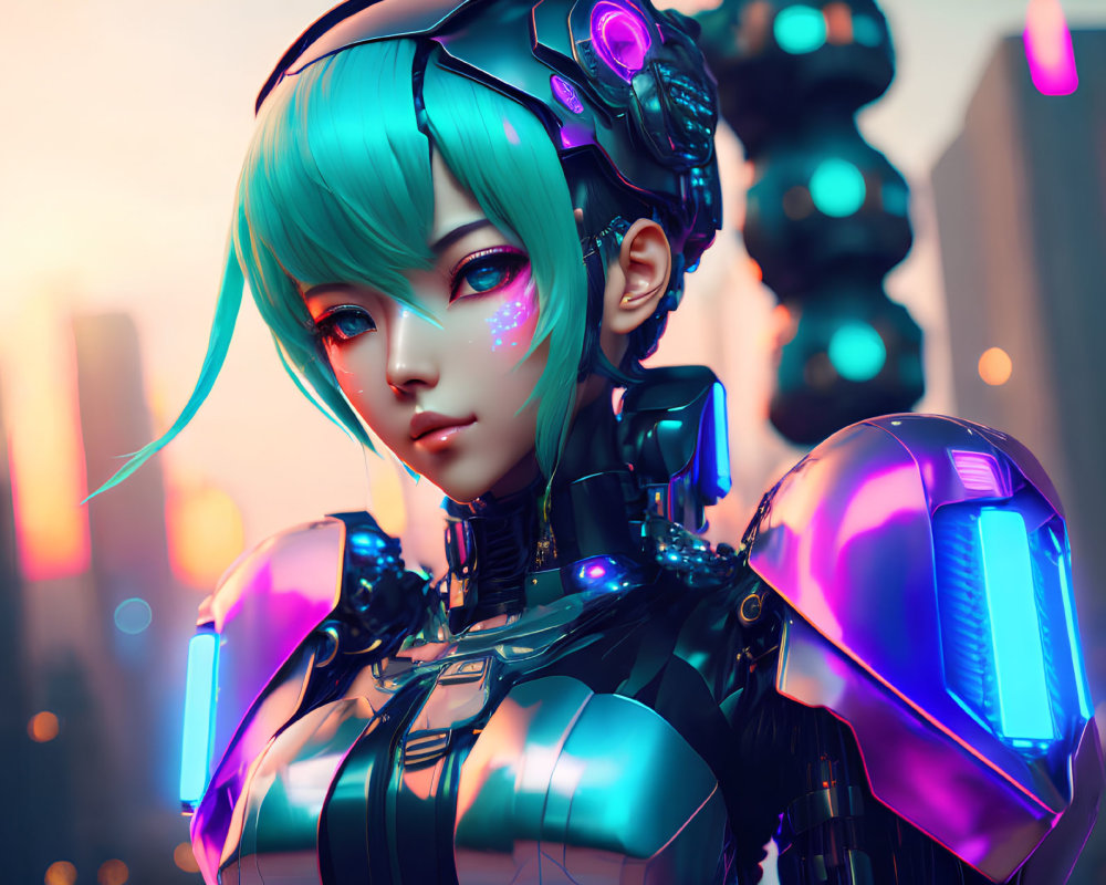 Futuristic female android with blue hair and cybernetic enhancements in cityscape at dusk